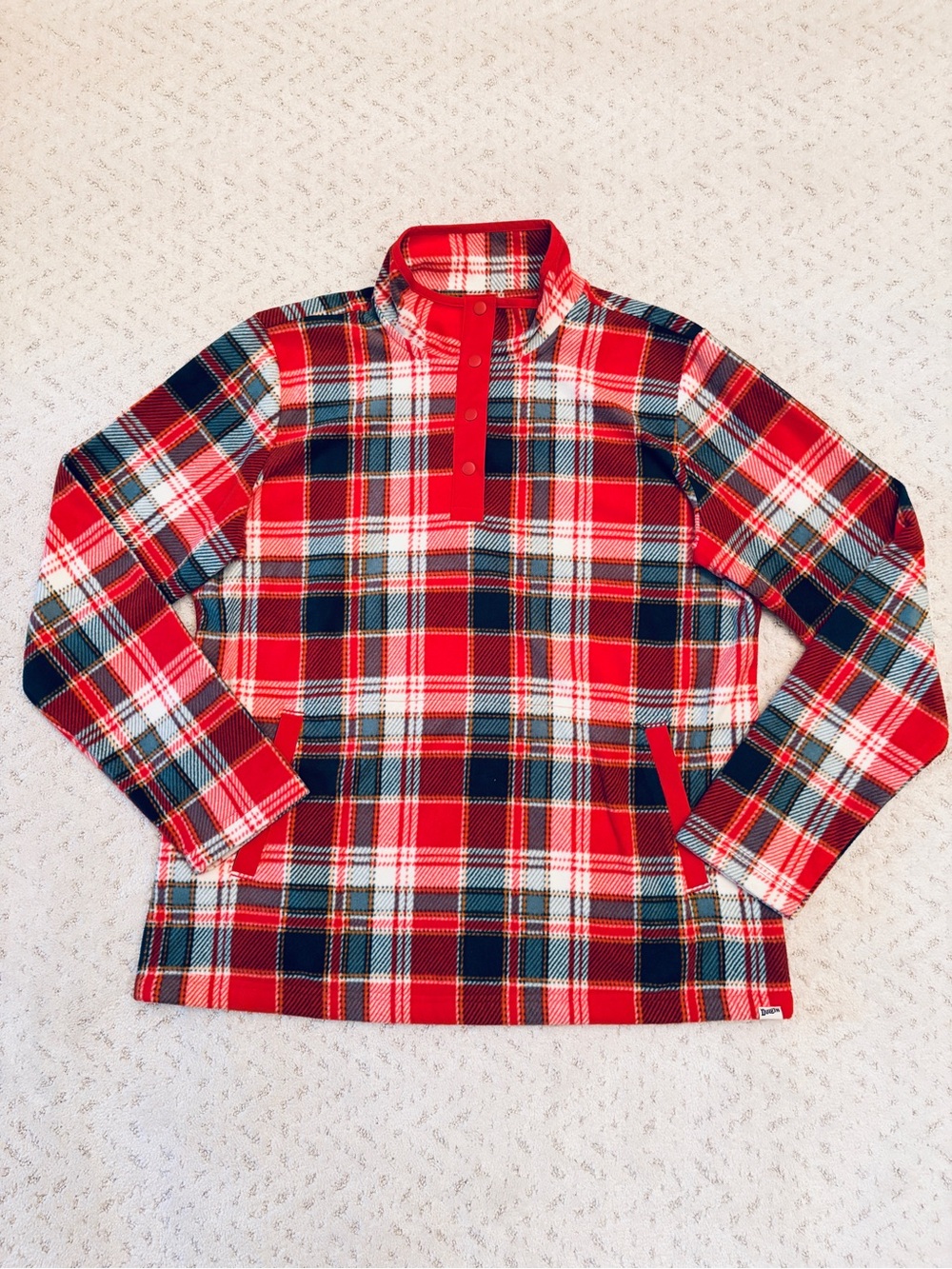 Duluth Trading Plaid Fleece Sweater Pullover Size M Red Quarter Snap Pockets